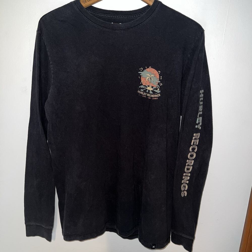 HURLEY Recordings Shirt Small Black Long Sleeve Beach Palm Tree Pullover Mens